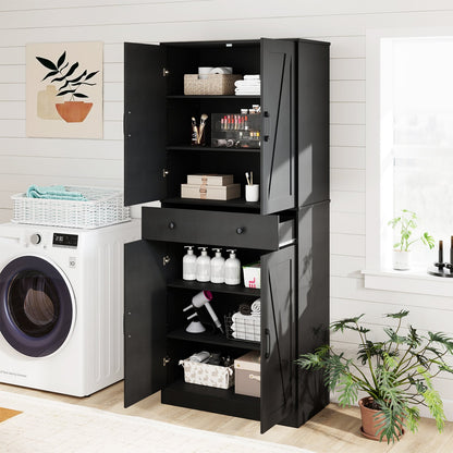 183cm Tall Kitchen Pantry with 4 Barn Doors and 3 Adjustable Shelves-Black