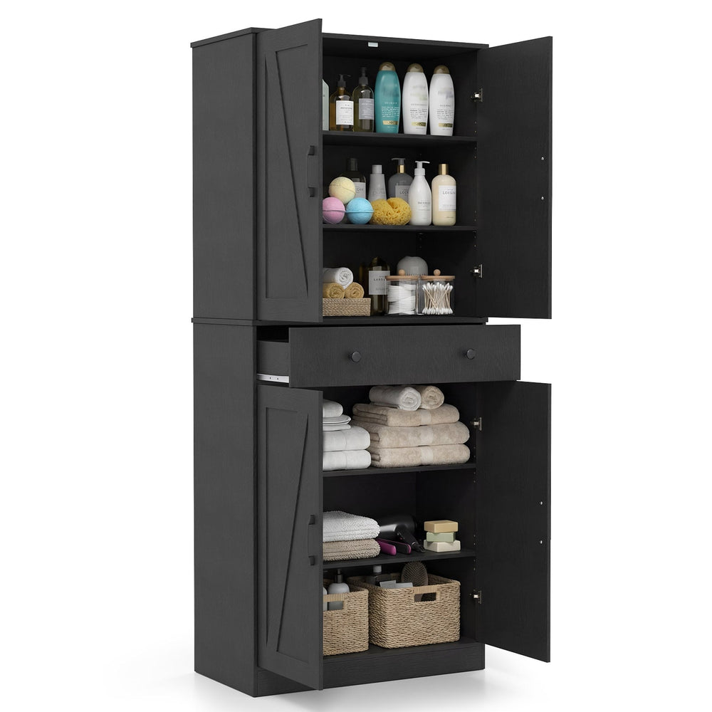 183cm Tall Kitchen Pantry with 4 Barn Doors and 3 Adjustable Shelves-Black