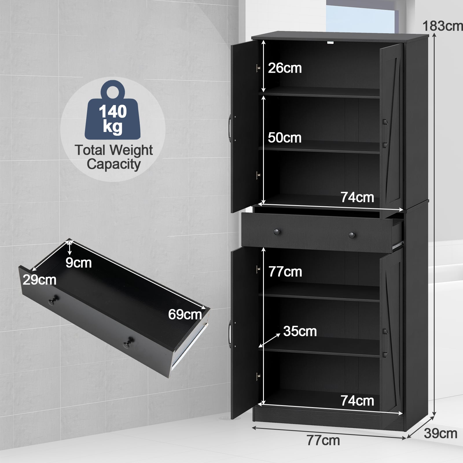 183cm Tall Kitchen Pantry with 4 Barn Doors and 3 Adjustable Shelves-Black