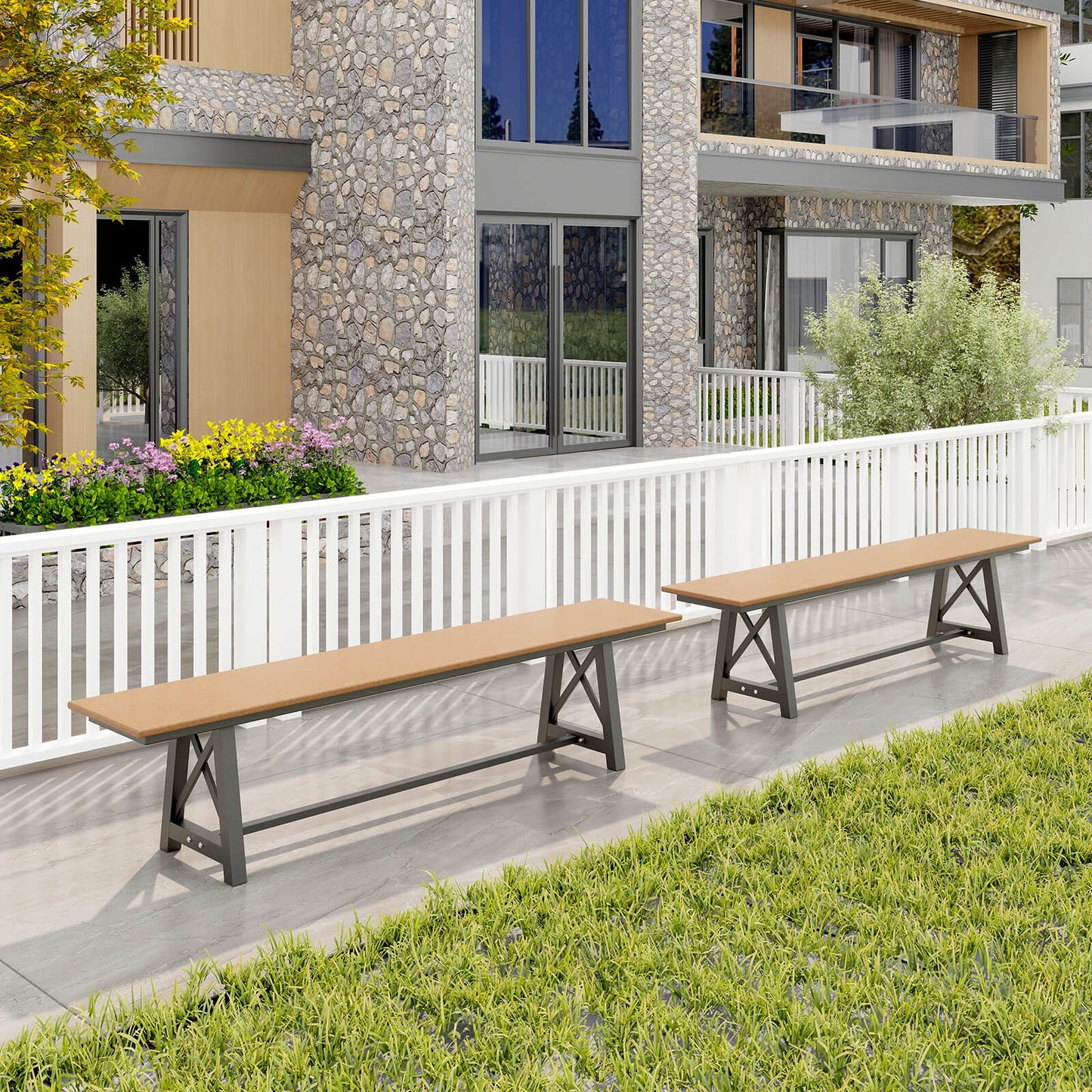 183cm Patio Long Bench with Weatherproof HDPE Seat for 4 People-Brown