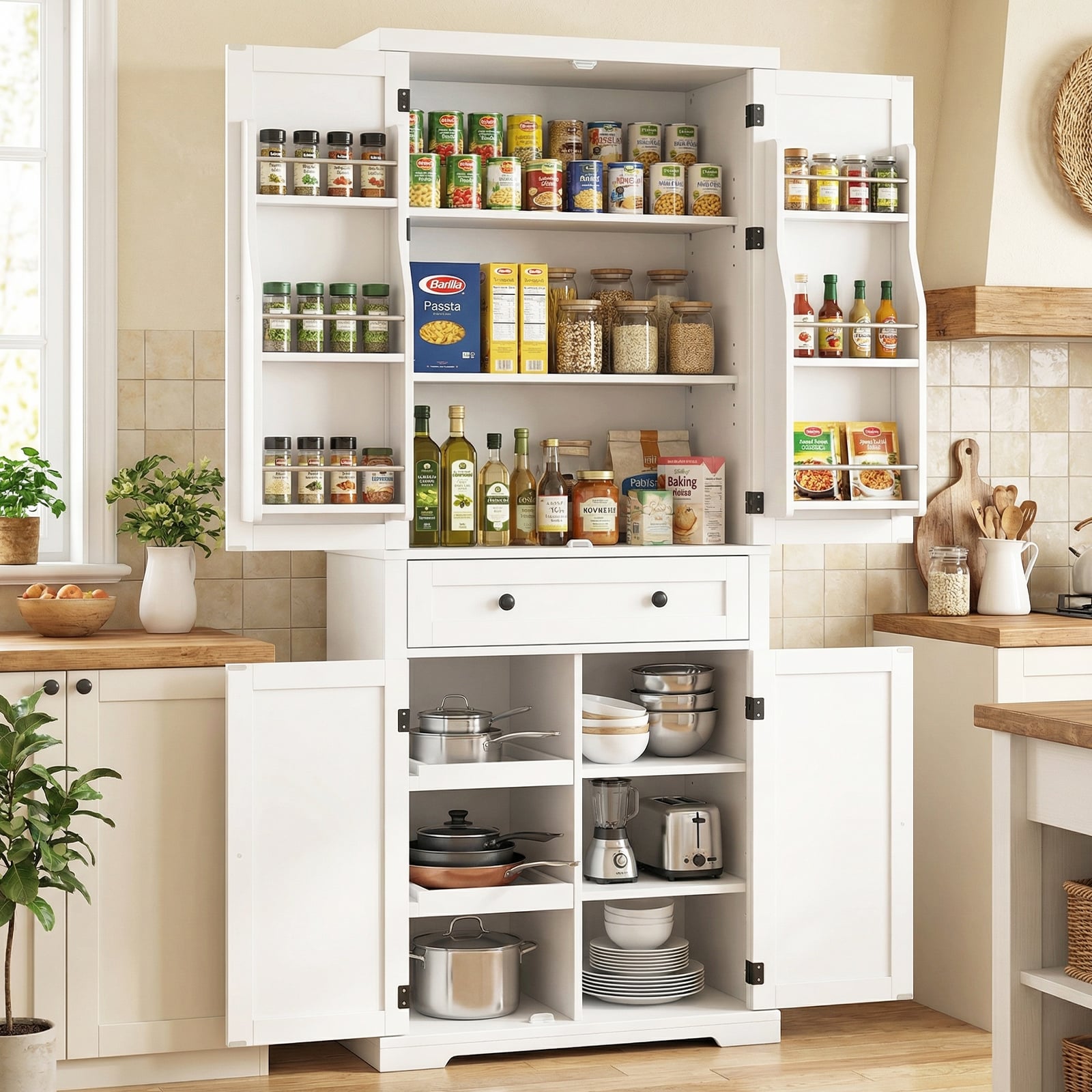 184 cm Kitchen Pantry Cabinet with Large Drawer and 6 Door Shelves-White
