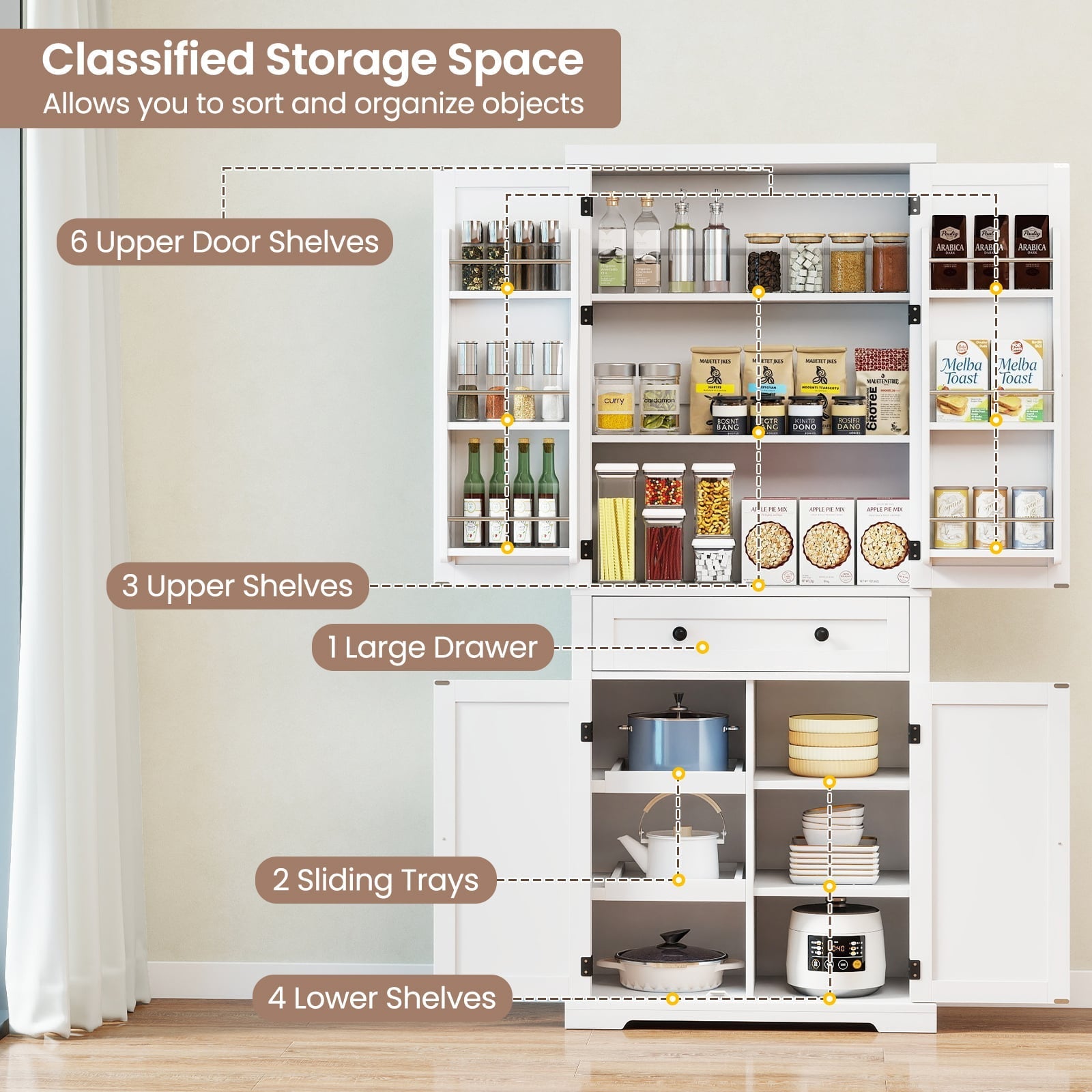 184 cm Kitchen Pantry Cabinet with Large Drawer and 6 Door Shelves-White
