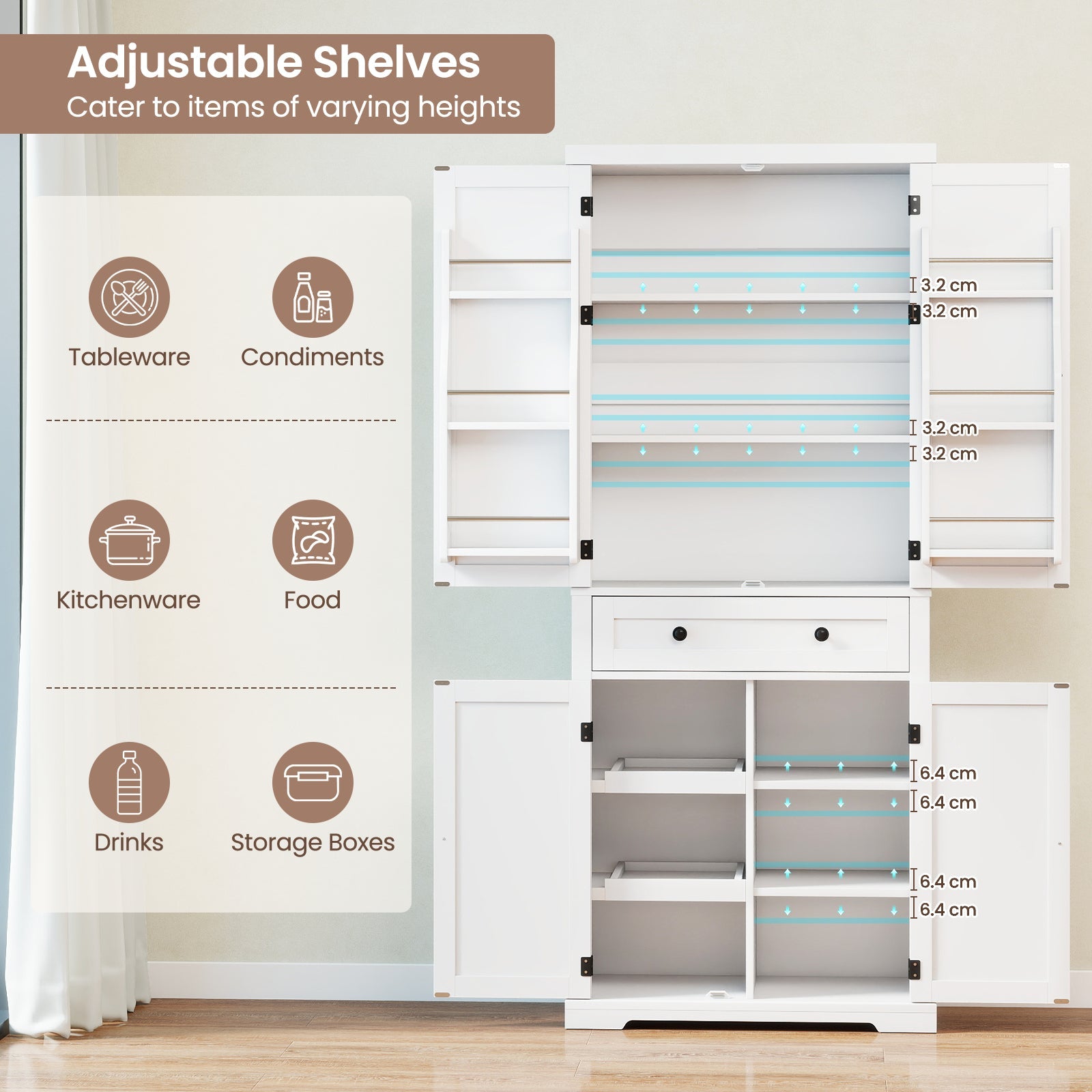 184 cm Kitchen Pantry Cabinet with Large Drawer and 6 Door Shelves-White