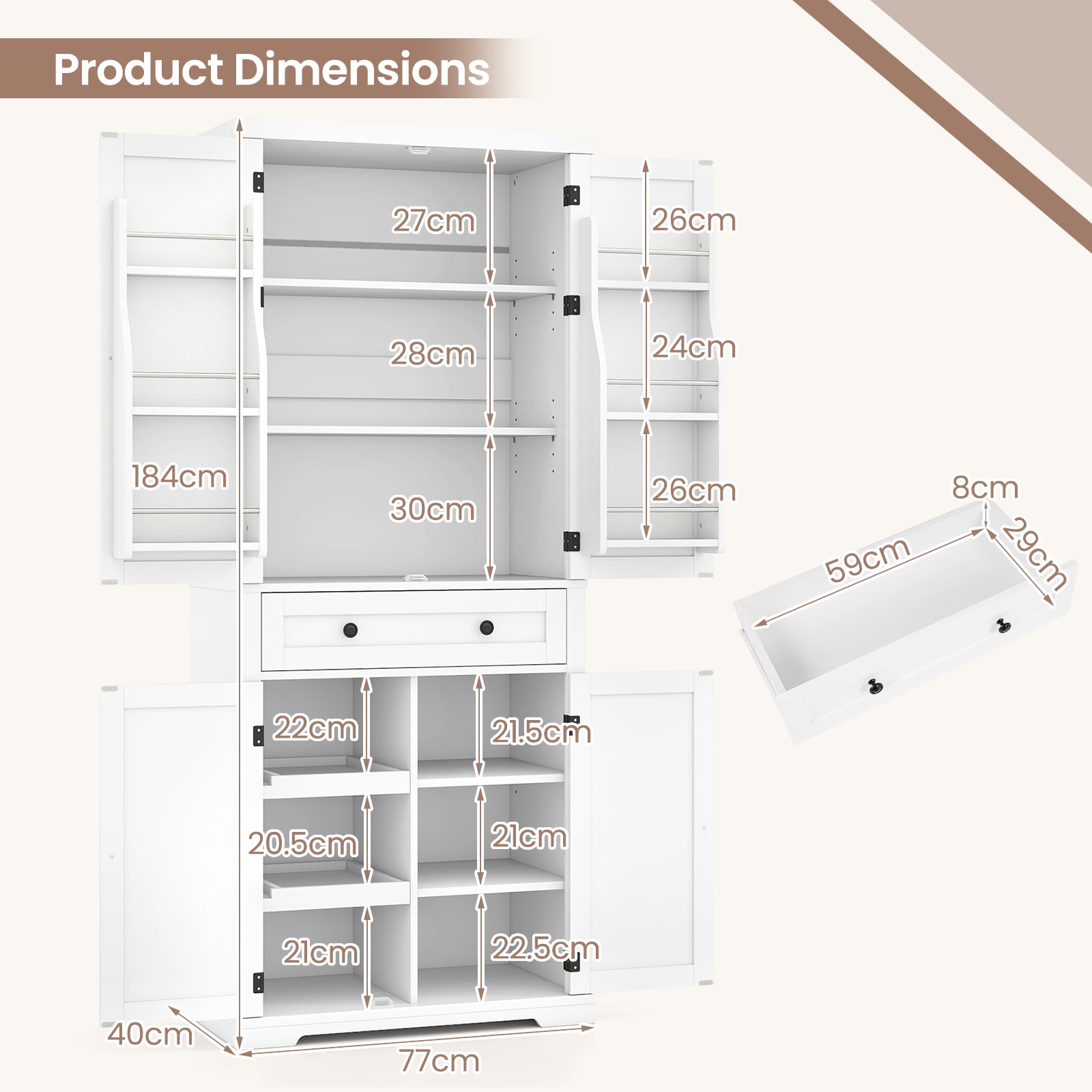 184 cm Kitchen Pantry Cabinet with Large Drawer and 6 Door Shelves-White