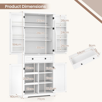 184 cm Kitchen Pantry Cabinet with Large Drawer and 6 Door Shelves-White