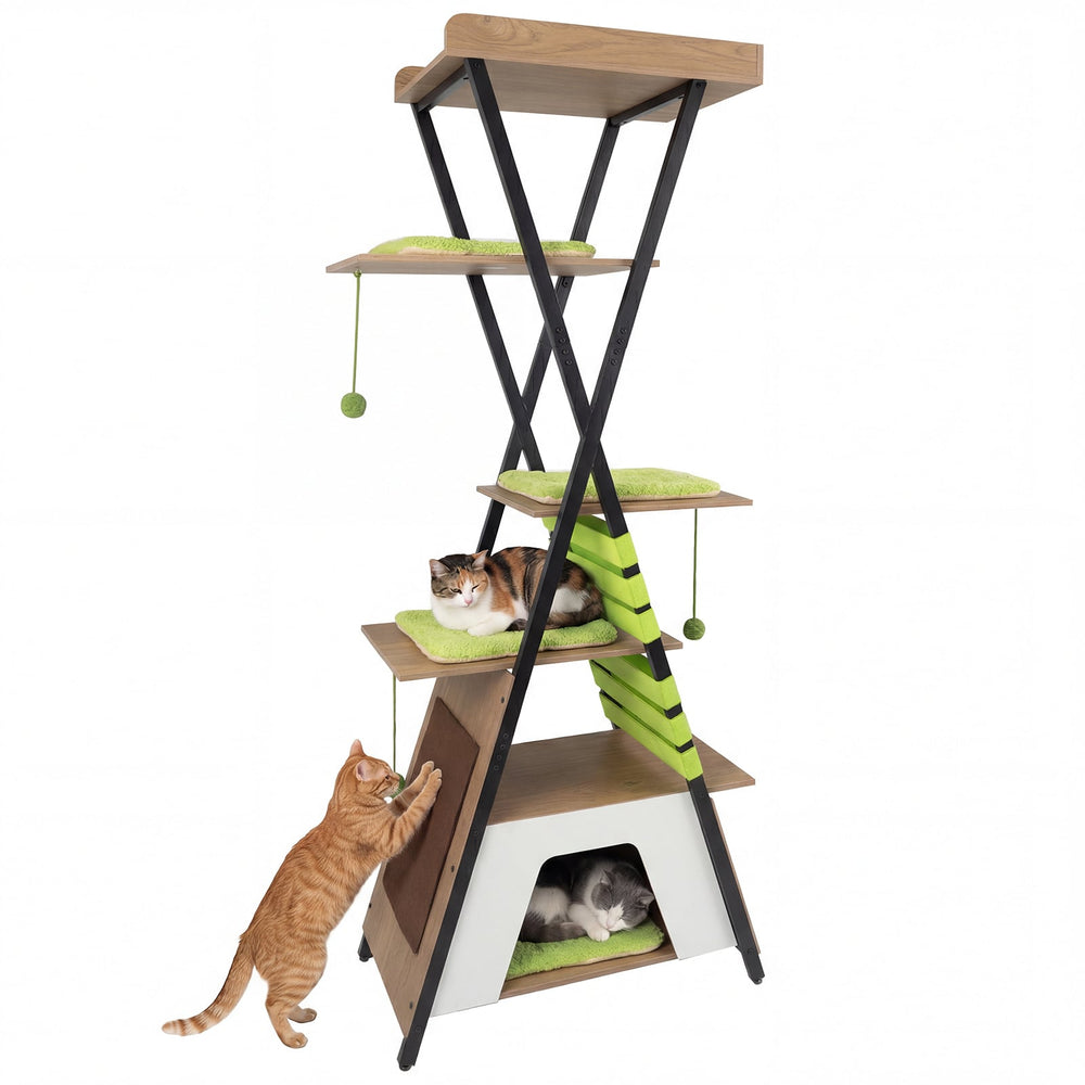 185CM Wooden Multi-level Cat Tower with Elevated Perch-Grey