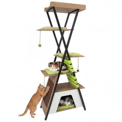185CM Wooden Multi-level Cat Tower with Elevated Perch-Grey