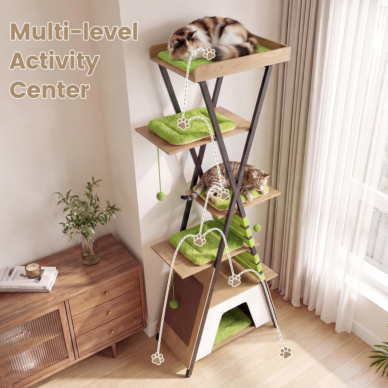 185CM Wooden Multi-level Cat Tower with Elevated Perch-Grey