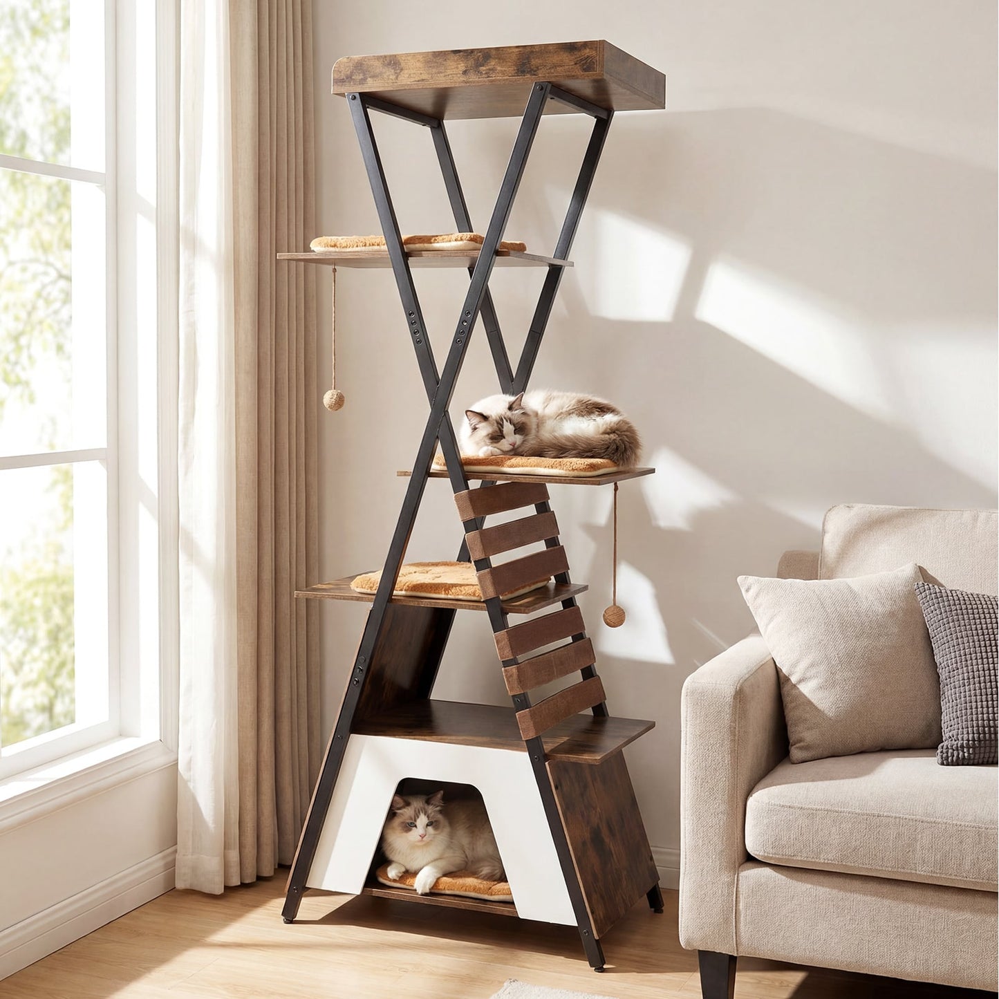 185CM Wooden Multi-level Cat Tower with Elevated Perch-Rustic Brown