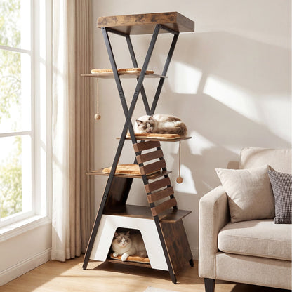 185CM Wooden Multi-level Cat Tower with Elevated Perch-Rustic Brown