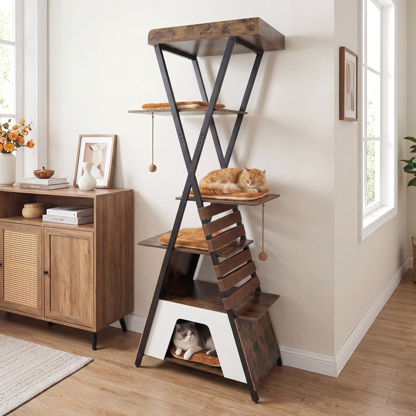 185CM Wooden Multi-level Cat Tower with Elevated Perch-Rustic Brown