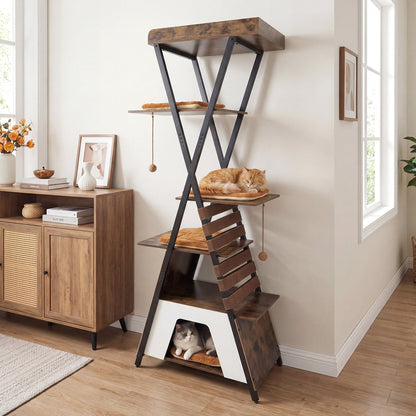 185CM Wooden Multi-level Cat Tower with Elevated Perch-Rustic Brown