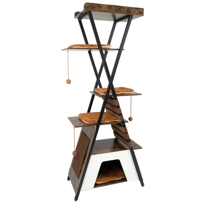 185CM Wooden Multi-level Cat Tower with Elevated Perch-Rustic Brown