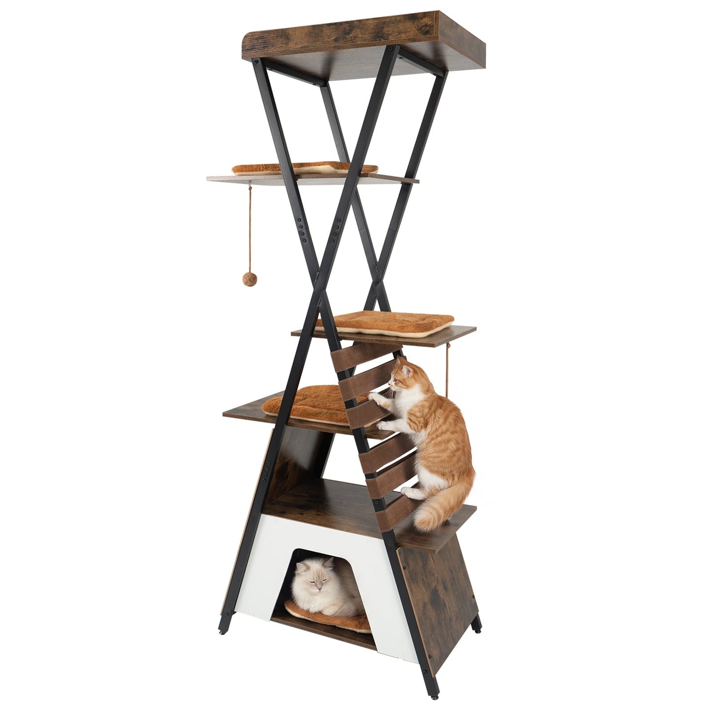 185CM Wooden Multi-level Cat Tower with Elevated Perch-Rustic Brown