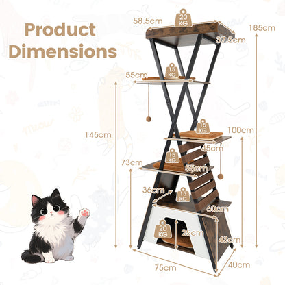 185CM Wooden Multi-level Cat Tower with Elevated Perch-Rustic Brown