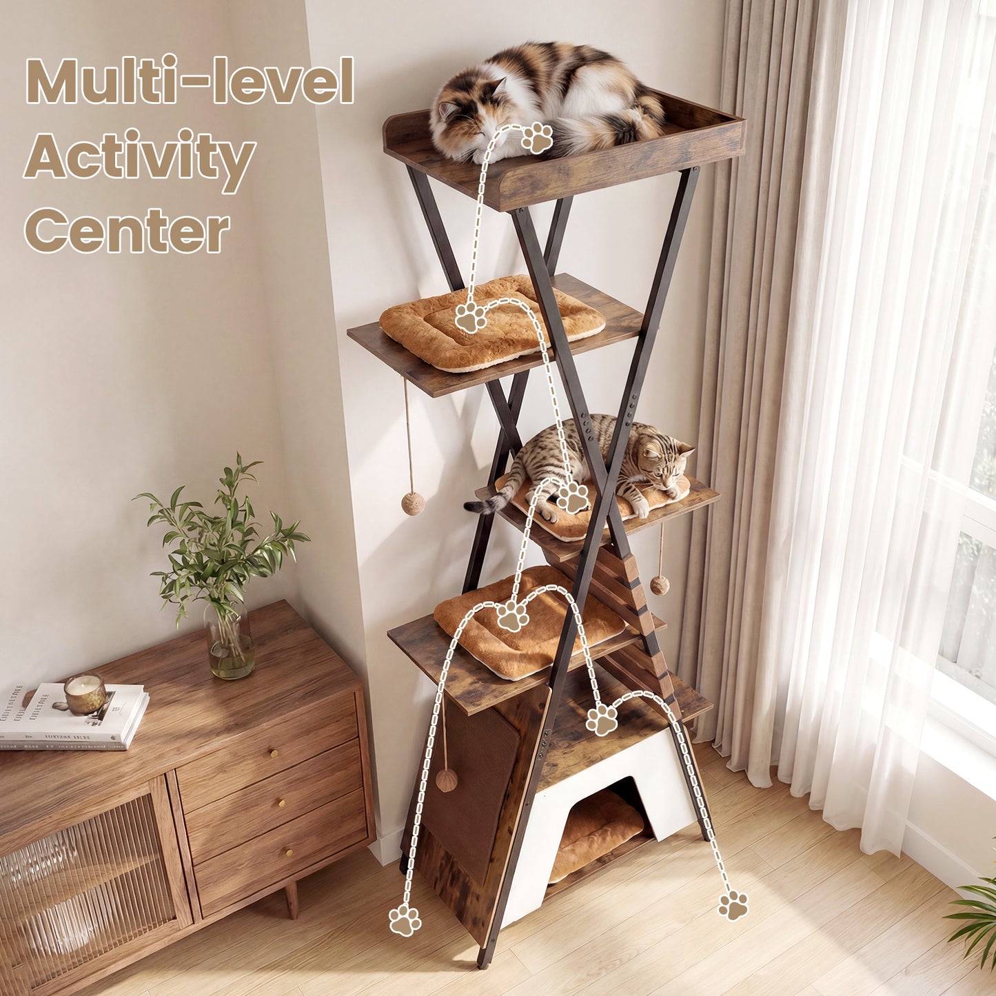 185CM Wooden Multi-level Cat Tower with Elevated Perch-Rustic Brown