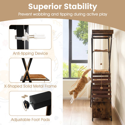 185CM Wooden Multi-level Cat Tower with Elevated Perch-Rustic Brown