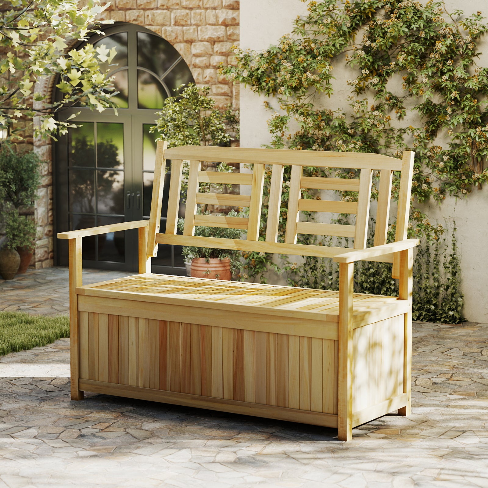 185L Patio Storage Bench Solid Wood Storage Loveseat with Backrest and Armrests-Natural