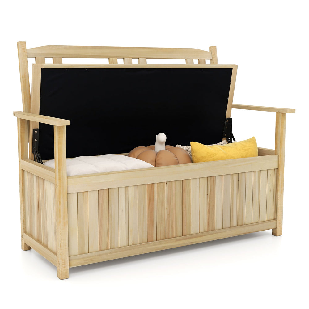 185L Patio Storage Bench Solid Wood Storage Loveseat with Backrest and Armrests-Natural