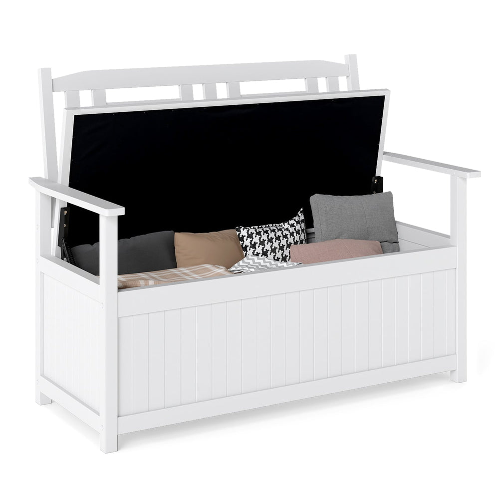 185L Patio Storage Bench Solid Wood Storage Loveseat with Backrest and Armrests-White