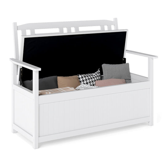 185L Patio Storage Bench Solid Wood Storage Loveseat with Backrest and Armrests-White