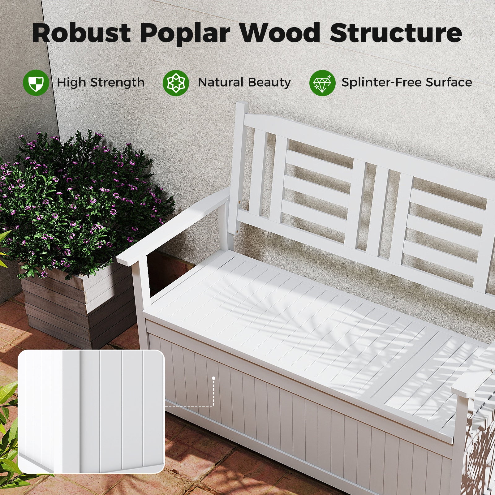 185L Patio Storage Bench Solid Wood Storage Loveseat with Backrest and Armrests-White