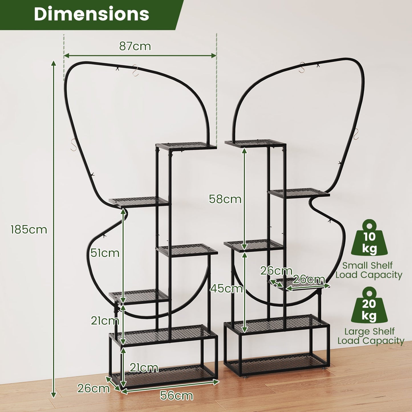 185 cm Tall Butterfly-Shaped 6-Tier Flowerpot Shelf-Black