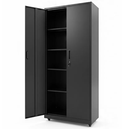 186cm Rolling File Cabinet with Adjustable Shelves and 4 Lockable Wheels for Office-Black