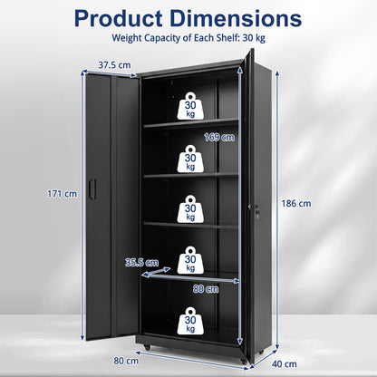 186cm Rolling File Cabinet with Adjustable Shelves and 4 Lockable Wheels for Office-Black