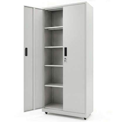 186cm Rolling File Cabinet with Adjustable Shelves and 4 Lockable Wheels for Office-Grey