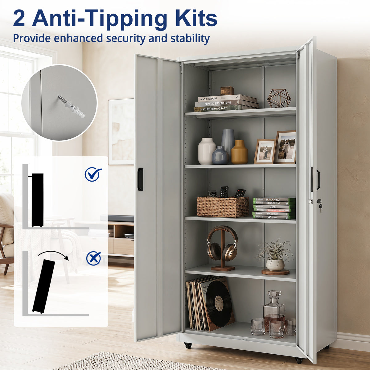 186cm Rolling File Cabinet with Adjustable Shelves and 4 Lockable Wheels for Office-Grey