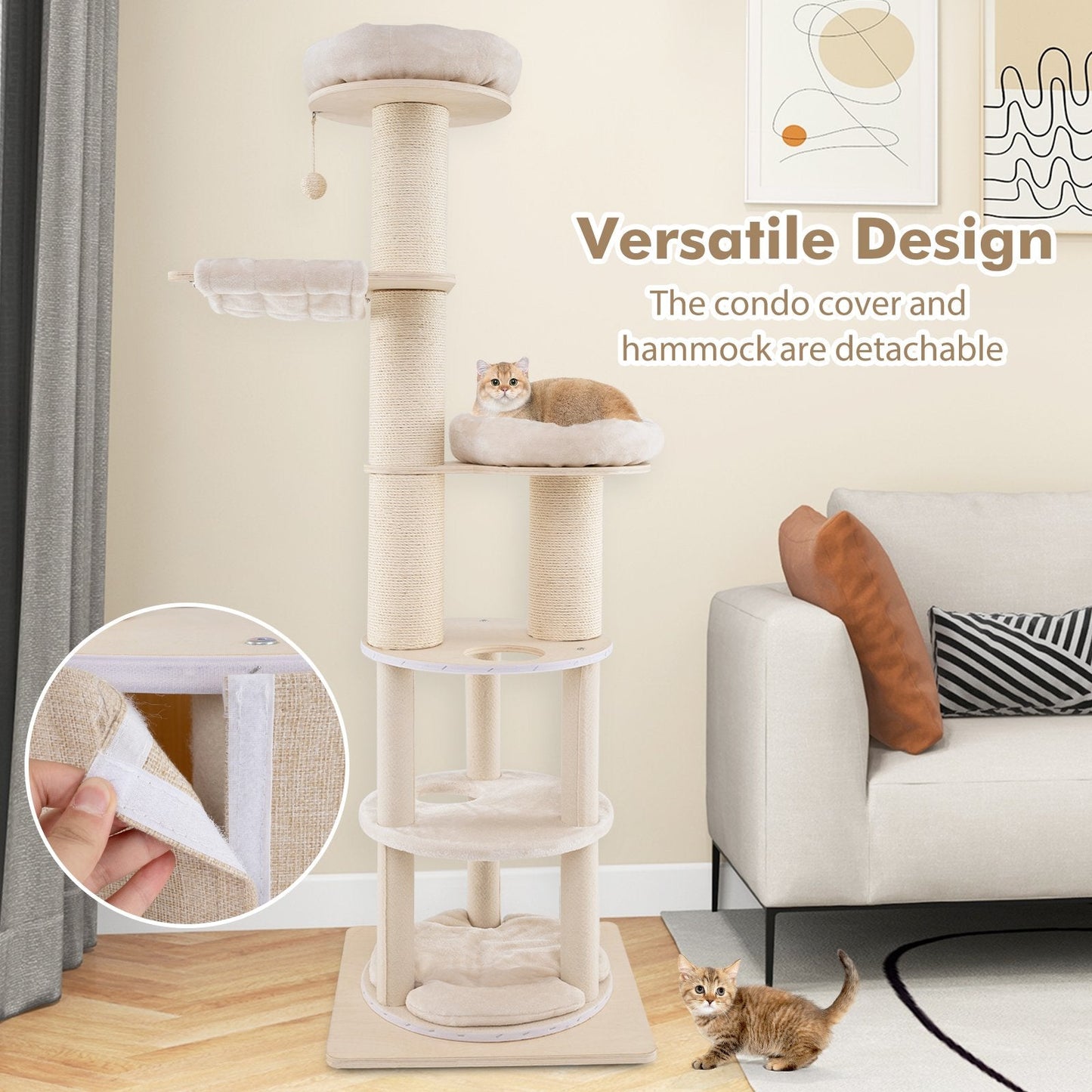 187 cm Tall Wooden Cat Tower Tree with 2-Story Cat Condo-Natural