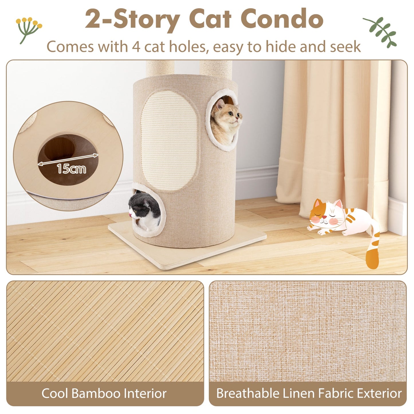 187 cm Tall Wooden Cat Tower Tree with 2-Story Cat Condo-Natural
