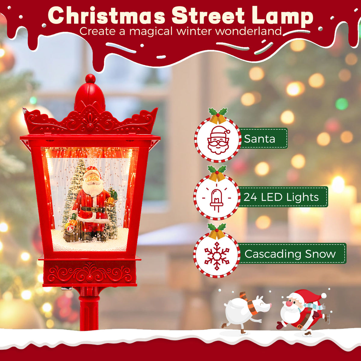 188 cm Christmas Streetlamp Plug-in Musical Lamp Post with LED Lights-Red