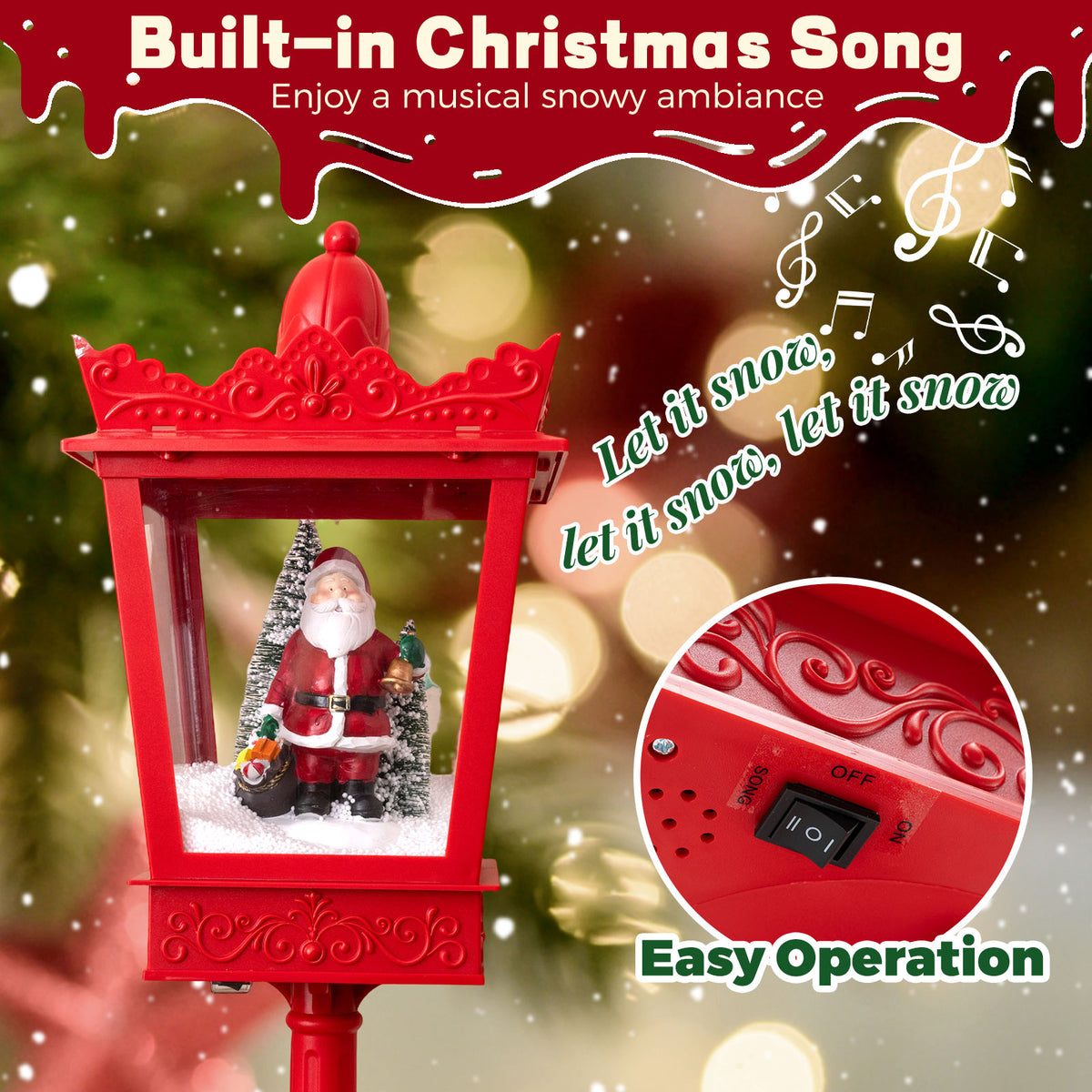 188 cm Christmas Streetlamp Plug-in Musical Lamp Post with LED Lights-Red