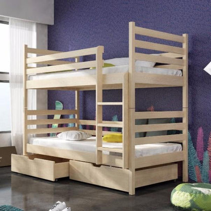 Wooden bunk bed with storage drawers in a room with purple walls and colorful decorations.