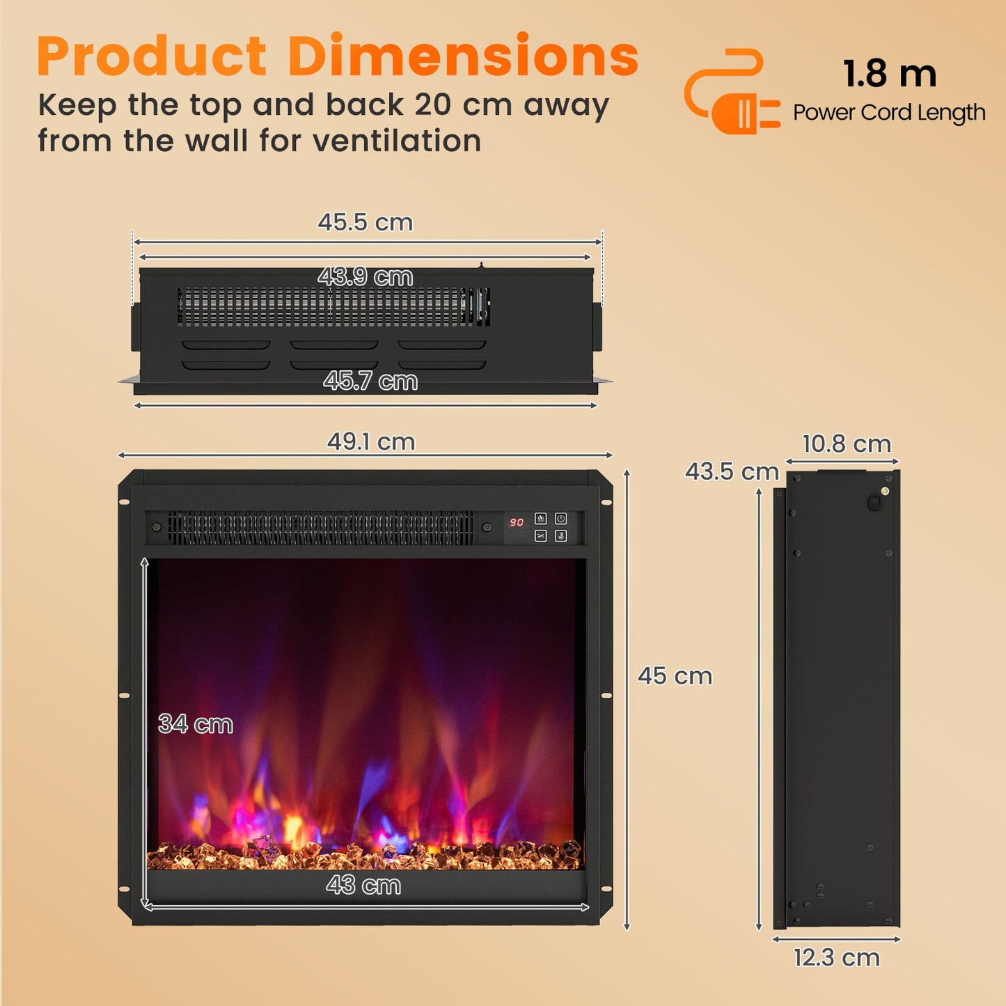 18 inch Electric Fireplace Insert Recessed 1500W Fireplace Heater with Remote Control-Black