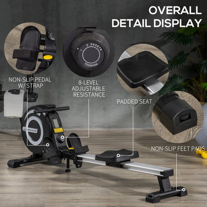 HOMCOM Folding Rowing Machine, Magnetic Rower Machine with 8 Levels Quiet Resistance, LCD Monitor, Wheels, Aluminium Slide Rail and Vertical Storage, for Home Gym Cardio Training