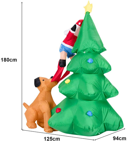 1.8m Inflatable Dog Chasing Santa to a Christmas Tree with LED Lights - Furniture Gold