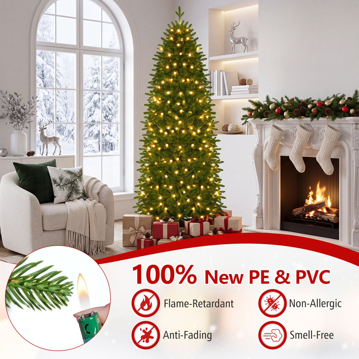 190 CM Prelit Pencil Christmas Tree with 719 Branch Tips and 220 Lights-M