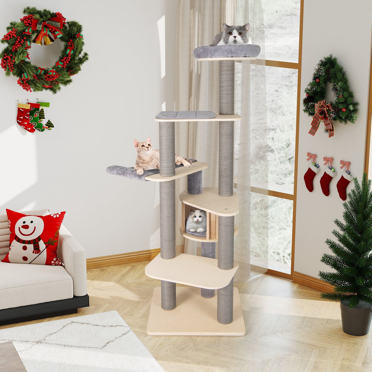 197 CM Tall Cat Tree with Comfy Padded Top Perch-Grey