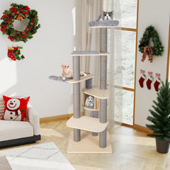 197 CM Tall Cat Tree with Comfy Padded Top Perch-Grey
