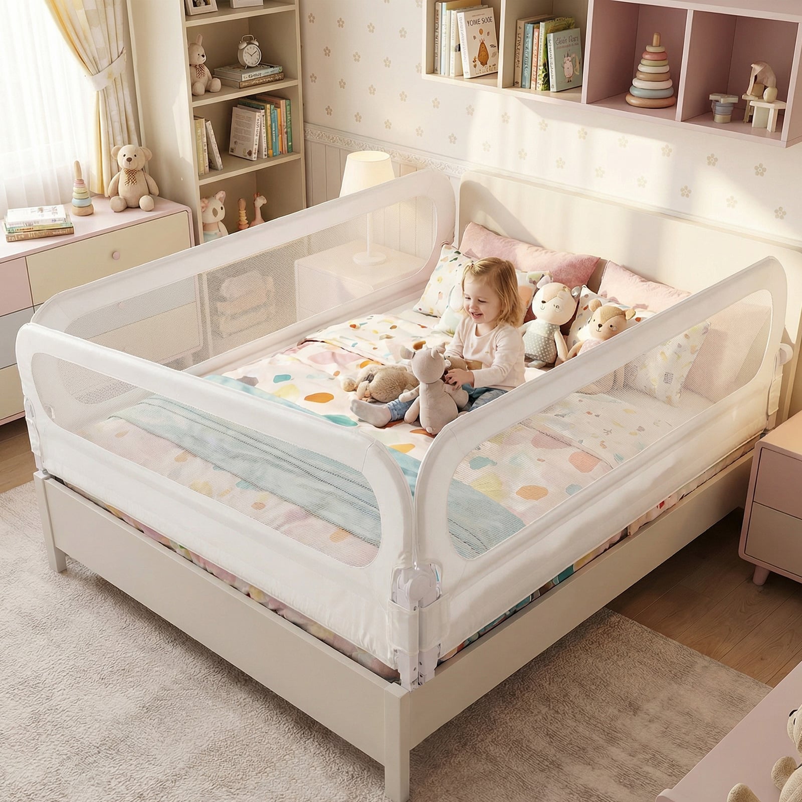198 cm Long Adjustable Baby Bed Rail Guard with Extra Buckle-White