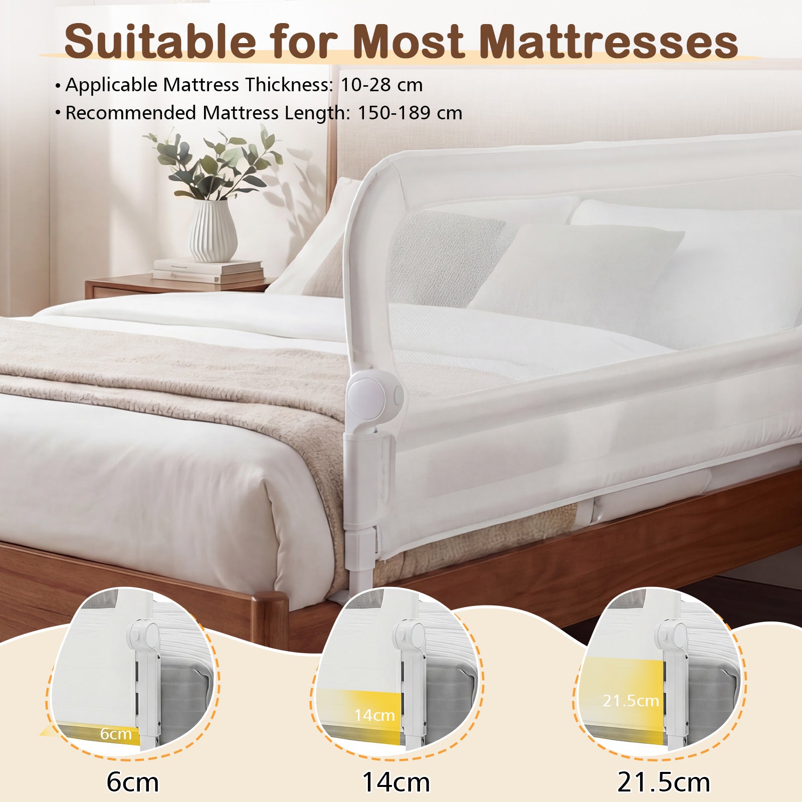 198 cm Long Adjustable Baby Bed Rail Guard with Extra Buckle-White