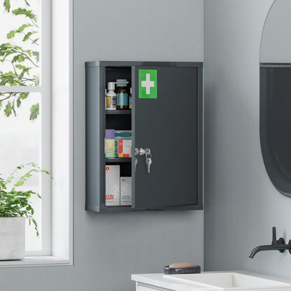 kleankin Locking Medicine Cabinet, First Aid Cabinet with Storage Shelves, with Lock and 2 Keys 53.5 x 40 x 15 cm, Smoke Grey