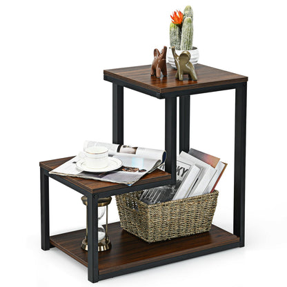 Industrial Styled End Table with 3 Shelves-Brown