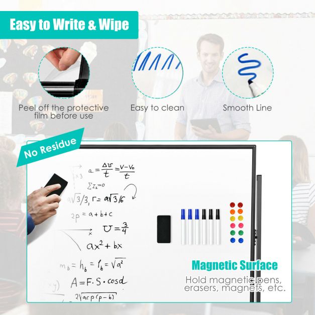 mobile magnetic large reversible whiteboard 360° rotatable 90 x 120 cm black + white