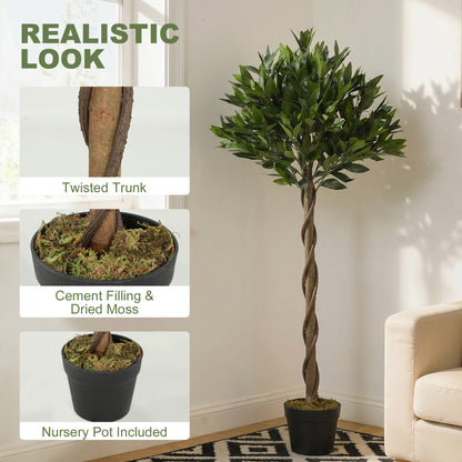 Outsunny Artificial Bay Laurel Topiary Trees with Twisted Trunk, Realistic Lush Topiary Ball Tree with Weighted Pot, Set of 2