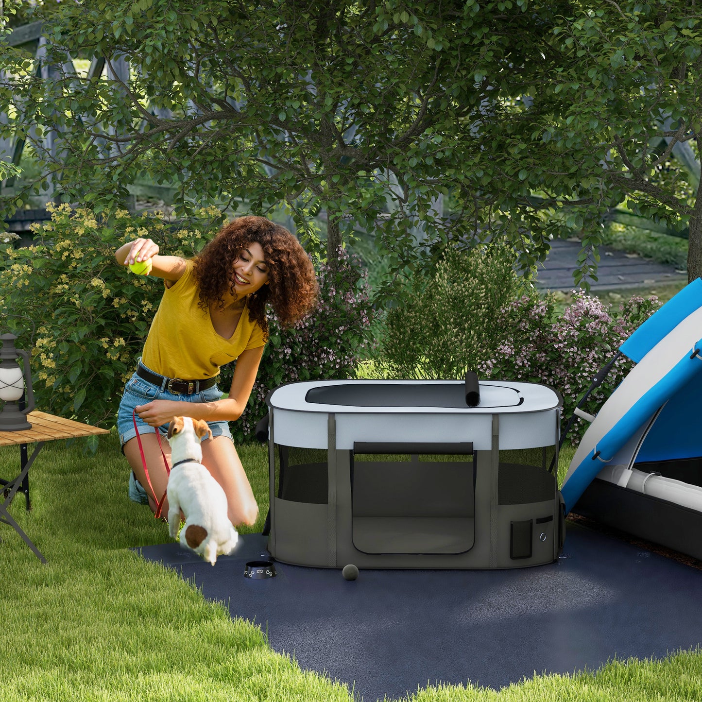 PawHut Foldable Dog Pen with Storage Bag for Indoor/Outdoor Use, Portable Pet playpen, with Ground Stakes - Grey