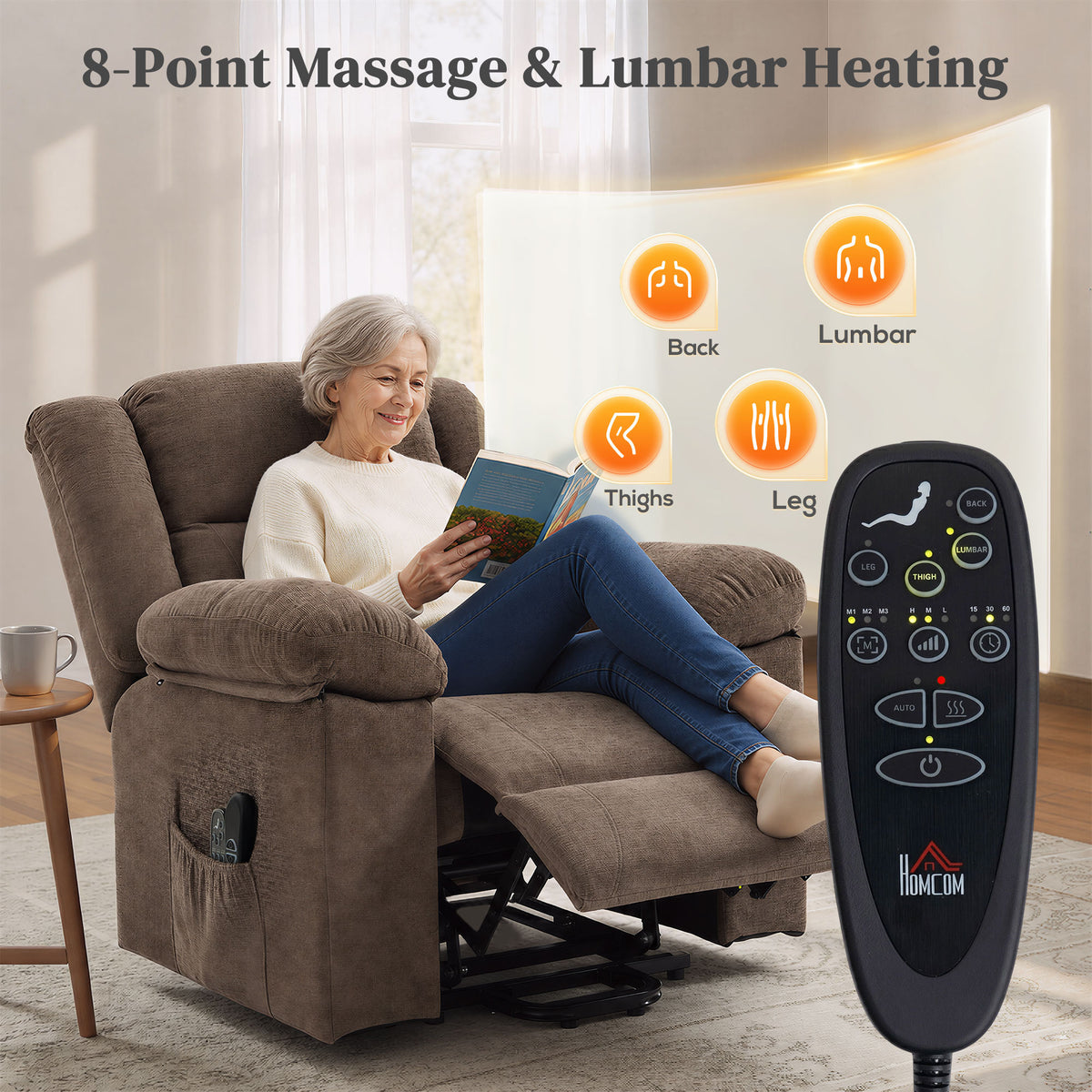 HOMCOM Oversized Riser Recliner Chair with Massage and Heat, Power Lift Recliner for Elderly with Wide Seat and Back, Brown